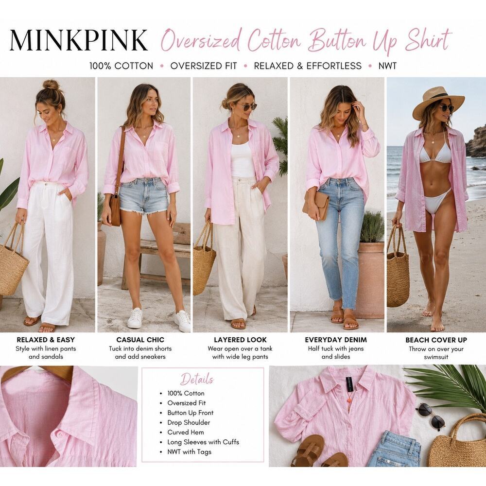 Minkpink Pink Oversized Cotton Button Up Shirt Small NWT Relaxed Blouse